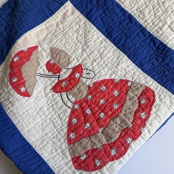 Vintage Parasol Ladies Quilt Hand Stitched Appliqués Blue Border Twin 74”X91” - Picture 9 of 16